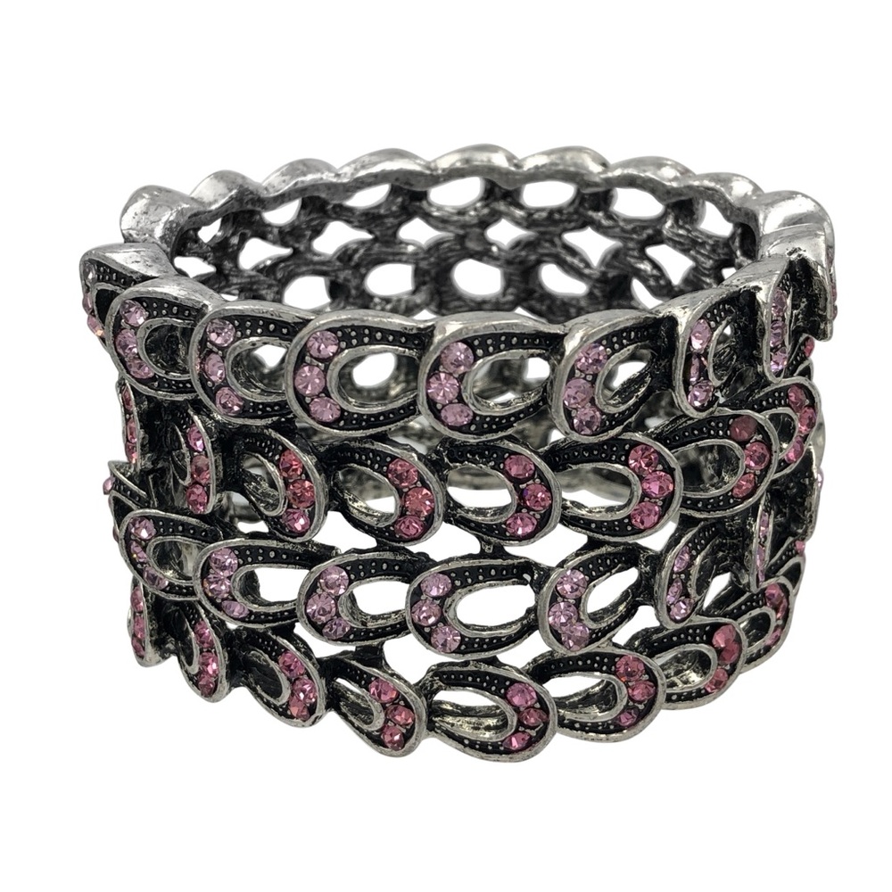 🔴 CLEARANCE Pink Tones Rhinestone Silver Wide Statement Hinged Bangle Bracelet